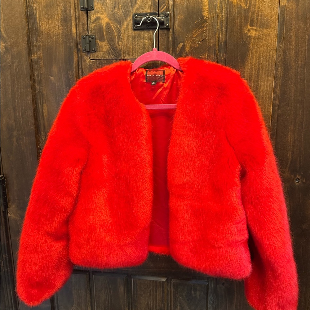Honey Punch Red Faux Fur Jacket